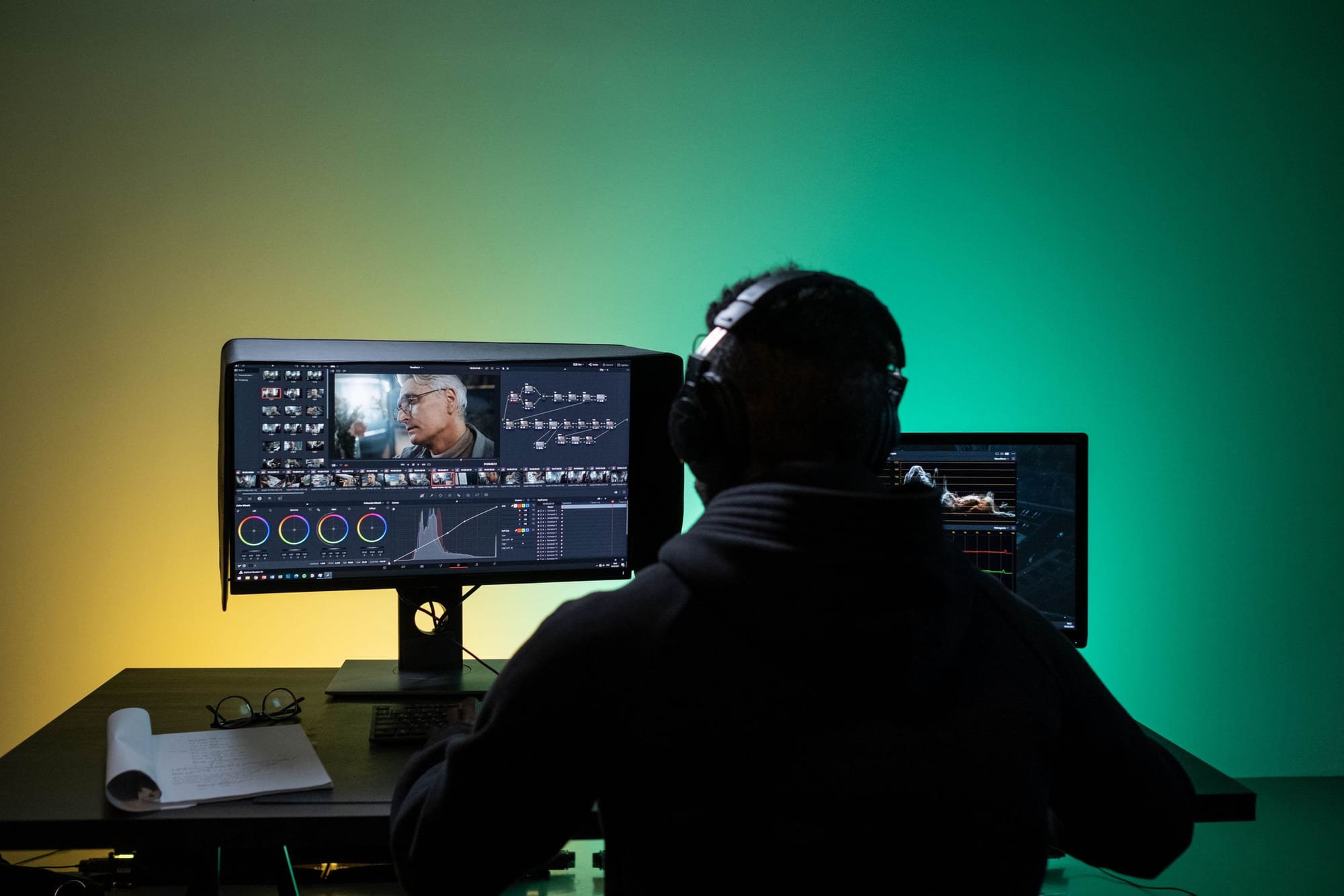 Monteur devant un poste de montage avec un logiciel d'étalonnage couleur et une timeline vidéo à l'écran