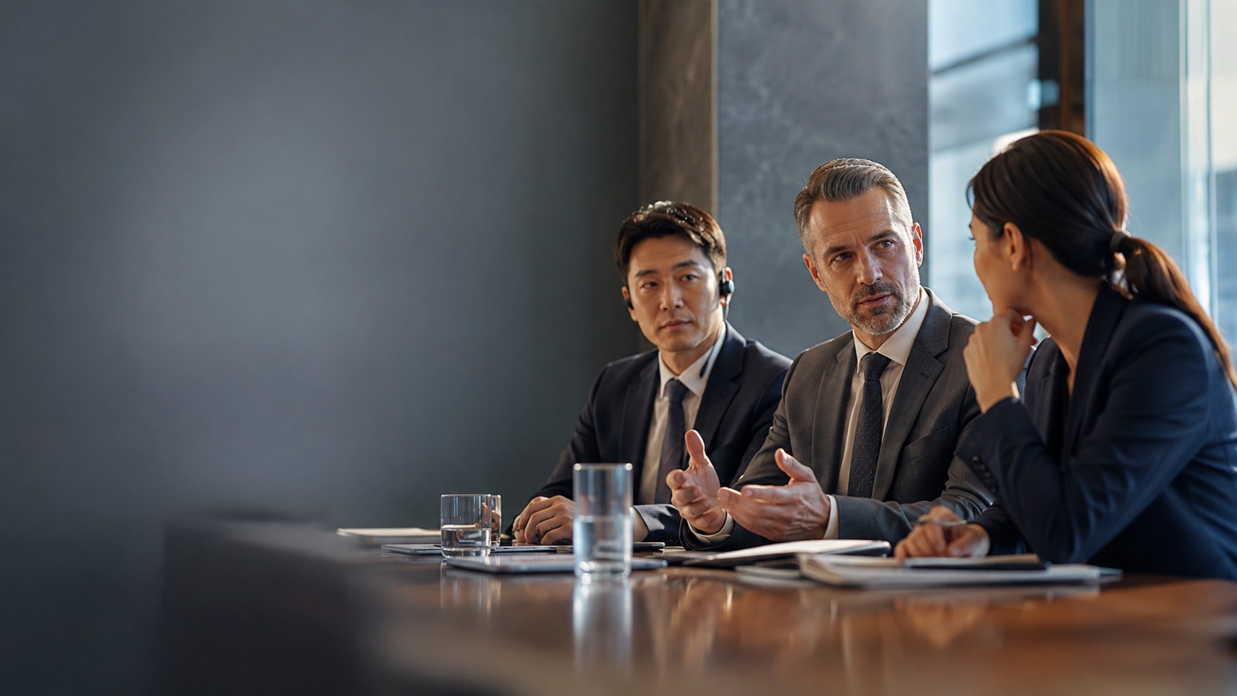 An Orion Translations interpreter, wearing an earpiece, working alongside clients in a business meeting