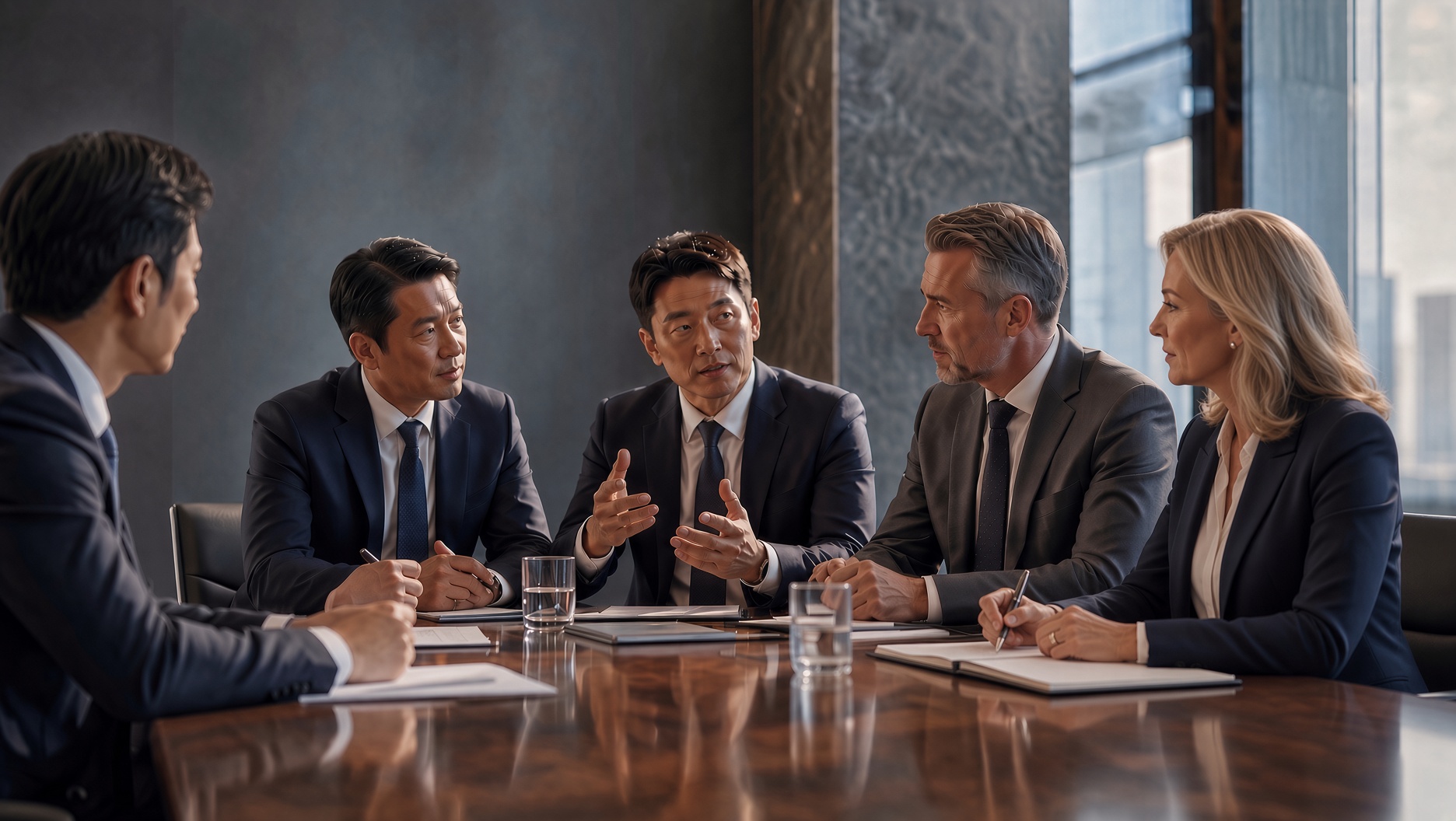 中方代表团在正式会议桌旁与西方同事讨论，象征企业会议与商务谈判口译场景